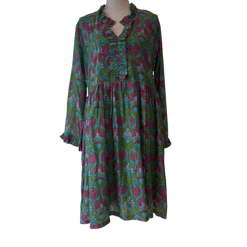 Bella Tu Women XL Green Pink Block Print Ruffle Dress Side Zip‎ Pockets